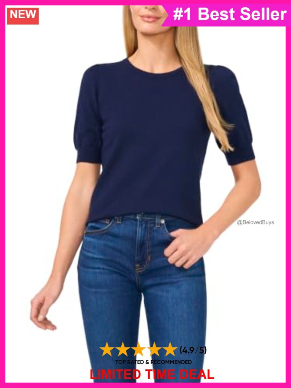 Short Sleeve Crew Neck Pearl Button Back Sweater